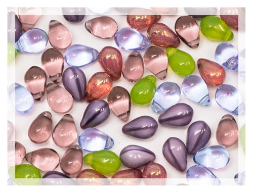 Czech 120-Piece (50g) Glass Beads Mix, 6x9mm, Teardrop Opal Green Silk Dirty Lavender Violet von Bohemia Crystal Valley