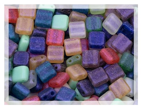 225+ pcs (50g) Mix of Tile Square 2-Hole Czech Glass Beads, 6mm Matte Pinkish Rainbow Blue Mix von Bohemia Crystal Valley