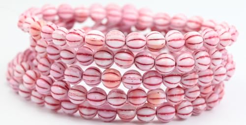 Melon Round Pressed Glass Beads With Stripes, 7324 Red Lined (07324-46490), 8 x 8 mm, Glass, Czech Republic von Bohemia Crystal Valley