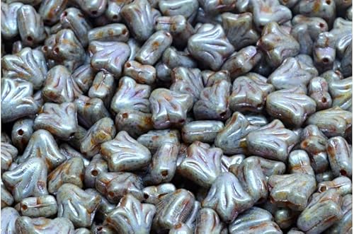 OUTLET 10 grams Lily Flower Beads, 9 x 9 mm, White Purple Brown Luster Spotted (02010-65329), Glass, Czech Republic von Bohemia Crystal Valley