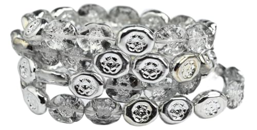 Oval Pressed Glass Beads With Flowers, Crystal Crystal Silver Half Coating (00030-27001), 14 x 11 mm, Glass, Czech Republic von Bohemia Crystal Valley