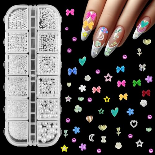 Bohoray 3D Nägel Charms, 12-Größen Charms Nägel Perlen, Mehrfarbig Blumen Bogen Gems Herz Sterne Mond Nagel Charms, Charms Nails Art Dekoration für Mädchen und Damen Nagel Design Set von Bohoray