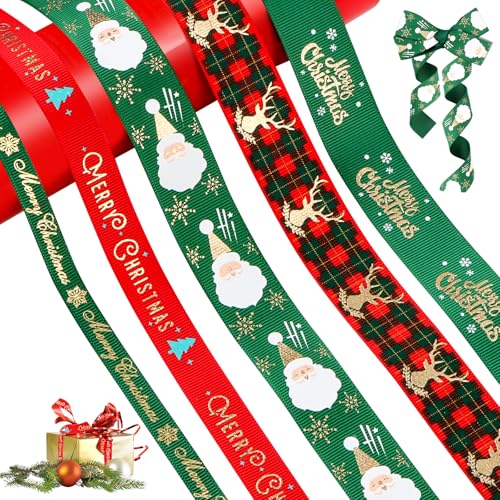 5 Stk Geschenkband Weihnachten, Schleifenband Weihnachten, Weihnachten Deko Schleifenband, Schneeflocke Satinband Deko Schleifenband Bedruckte Weihnachtsmotiv Stoffband zum Dekorieren Geschenk Bände von Bohrma