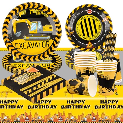 Bagger Baustelle Partygeschirr Kindergeburtstag, 16 Gäste Pappteller Geburtstag Deko Baustelle Partyteller Geburtstag Geschirr Bagger Luftballons Pappteller Pappbecher Bagger Servietten Tischdecke von Bohrma