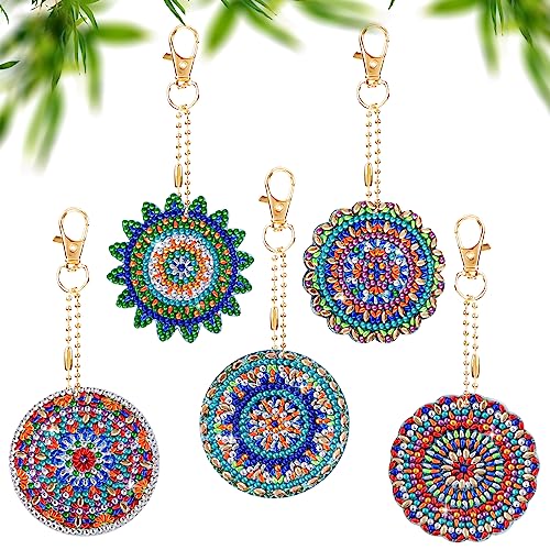 Bohrma Diamant Malerei Schlüsselbund, 5 Stück DIY Mandala Diamond Painting Schlüsselanhänger, Doppelseitig Full Drill Diamond Pasted Painting Keychain für Geldbörse Rucksack Handtasche Dekoration von Bohrma