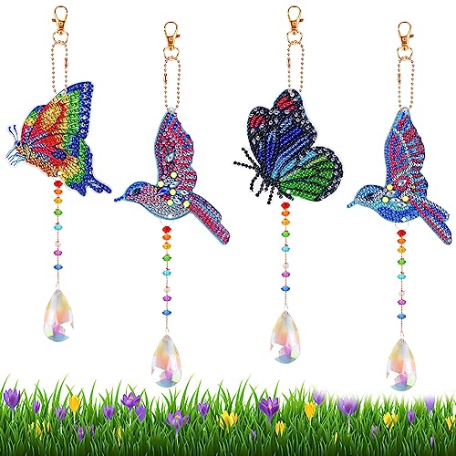 5D DIY Diamond Painting Windspiele 4 stück Schmetterling Kolibri Diamant Malerei Windspiel Anhänger Doppelseitig Strass Kunst Diamond Painting Sonnenfänger für Fenster Außen Garten Deko von Bohrma