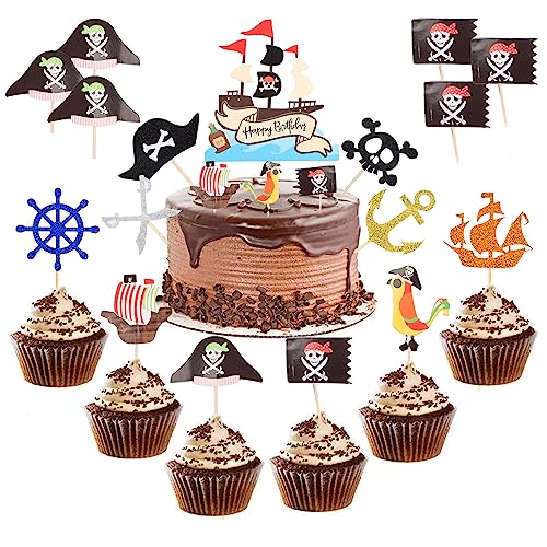 Bohrma Piraten Kuchen Deko, 31 Stück Piraten Tortendeko Cupcake Topper, Piraten Torten Fondant Muffins Zucker für Kindergeburtstag Halloween Kuchen Topper(Piratenschiff, Schädel,Papagei) von Bohrma