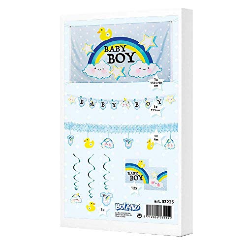 Boland 53225 - Partypaket Baby Boy Fahne Girlande Buchstabengirlande 3 Dekorationswirls 12 Servietten Babyparty Geburt Junge Taufe Baby Shower Babypinkeln Dekoration von Boland