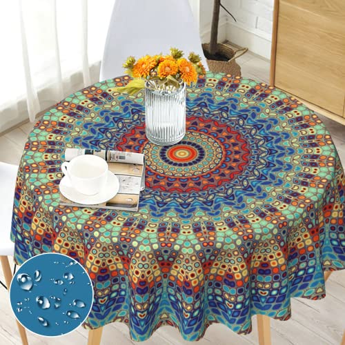 Tischdecke Abwaschbar Rund 150 Boho Style Mandala Runde Tischdecke für Draußen Polyester Outdoor Wetterfest Gartentischdecke für Küche Garten Gartentisch Esstisch Couchtisch Party von Bold And Brash