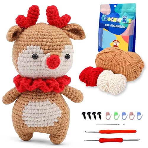 BoloShine Häkelset für Anfänger Erwachsene, Stricken Amigurumi Set mit Wolle und Häkelnadel, Crochet Kit Häkelnadel Bastelset Tiere DIY Schlüsselanhänger, mit Tutorial-Video und Anleitung - Reh von BoloShine