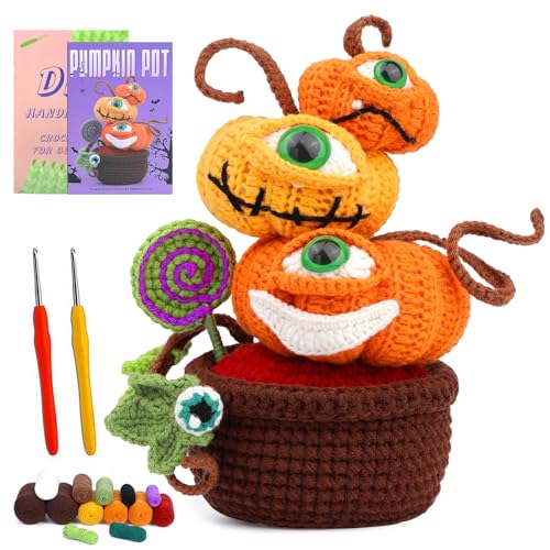 BoloShine Stricken Set mit Häkelgarn Wolle und Häkelnadeln für Kinder, Häkelset für Anfänger Erwachsene, Amigurumi Crochet Kit Bastelset DIY mit Video und Anleitung- Halloween Kürbis Strickset von BoloShine