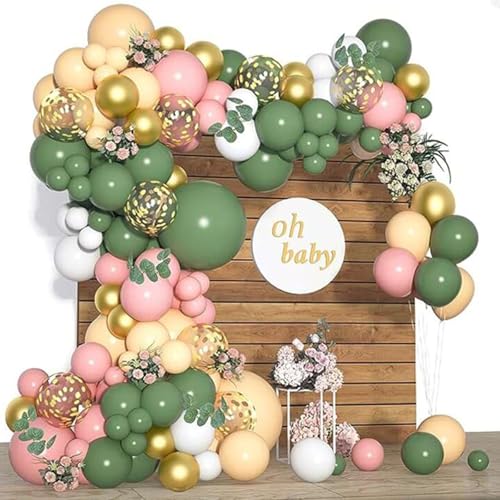 Boloshine Ballon Bogen Set Salbeigrüne, 147 Stück Salbeigrüne Rosa Luftballons Geburtstag Hochzeit mit Konfetti Gold Ballons, Luftballons Girlande Set für Baby Shower, Brautparty, Geburtstag Deko von BoloShine