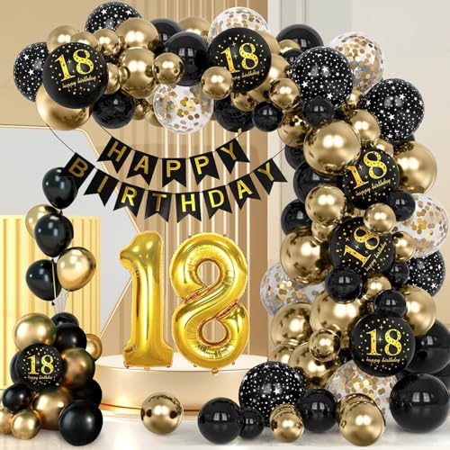 Deko 18 Geburtstag Mann Frau, 18 Geburtstag Schwarz Gold Luftballons Deko Luftballons mit Happy Birthday Banner, Happy Birthday Decorations Set für 18th Geburtstag Jubiläum Party von BoloShine