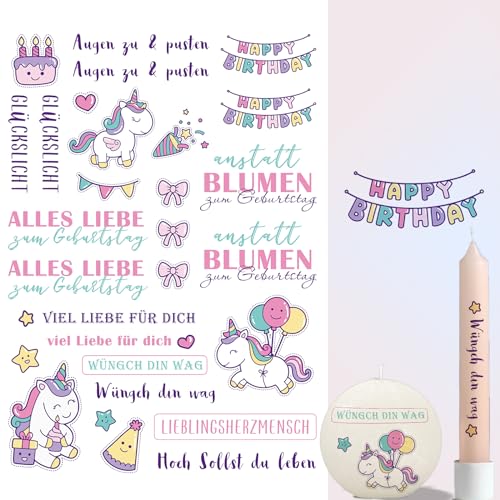 Bolosa® 2 Stück Kerzentattoos, Kerzentattoos Geburtstag, Wasserschiebefolie, Alles Gute zum Geburtstag, Kerzen Tattoo, Kerze Dekoration, Geburtstag C, A4 20x30cm (Einhorn) von Bolosa