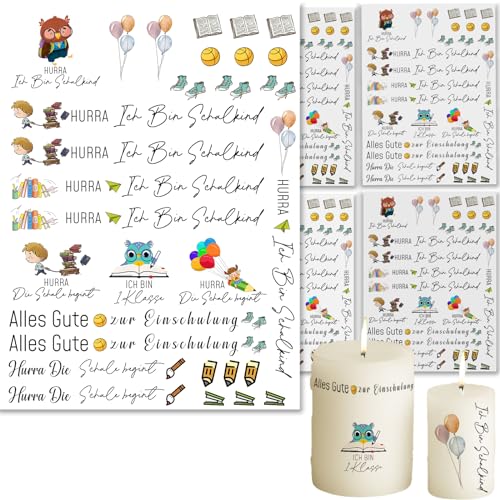 Bolosa® 4 Stück Kerzentattoos,Kerzentattoos Einschulung, Wasserschiebefolie, Schuleinführung Schulanfang Deko, Kerzensticker,Einschulung Schuleinführung, Kerzen Dekorieren (Einschulung12) von Bolosa