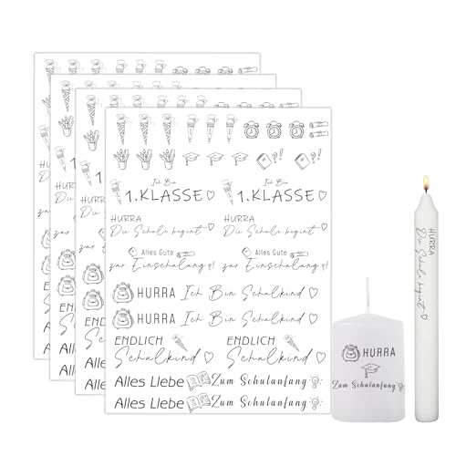 Bolosa® 4 PCS Kerzentattoos,Kerzentattoos Einschulung,Wasserschiebefolie, Schuleinführung Schulanfang Deko,Kerzensticker,Einschulung Schuleinführung Kerzen Dekorieren (Einschulung15) von Bolosa