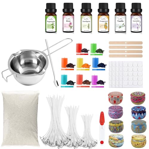 Bolosa® Kerzen Selber Machen Set, Candle Making Kit, Kerzen Gießen Set, Kerzenherstellung Kit mit 6 ätherisches Öl, 250g Wachs, 8 Dosen, Kerzendochte, Dochthalter, Dochte Aufkleber und Rührlöffel von Bolosa