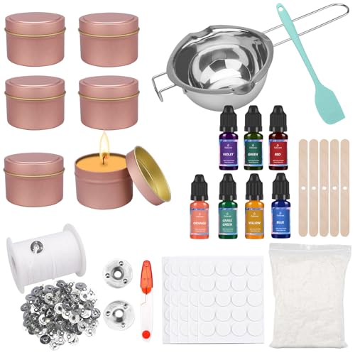 Bolosa® Kerzen Selber Machen Set, Candle Making Kit, Kerzenherstellung Kit mit 7 Kerzenwachs Farbe, 61m Kerzendocht, 250g Wachs, 6 Dosen, Wachsschmelztopf, Dochte Aufkleber und Rührlöffel von Bolosa