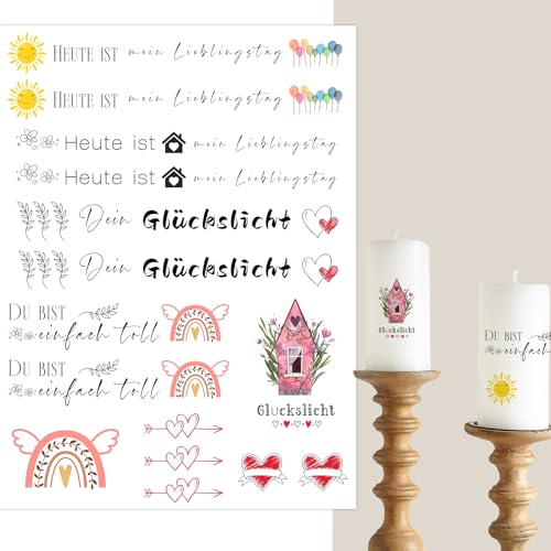 Bolosa®4 Stück Kerzentattoos, Positive Energie Sprüche, Wasserschiebefolie, Kerzen mit Spruch,Kerzen Tattoo,Kerzenfolie, Rub on Sticker, A519x14cm (Sprichwörter 5) von Bolosa