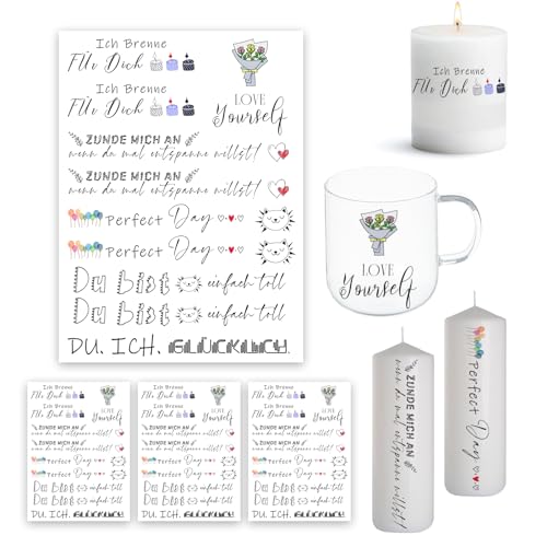 Bolosa 4 Stück Kerzentattoos, Wassertransferdruck, Love Yourself Rub on Sticker, Glückslicht Wasserschiebefolie Kerzen, Kerzenfolie, Sprüche Kerzentattoo, Für Kerze Tasse DIY Geschenk 7 von Bolosa