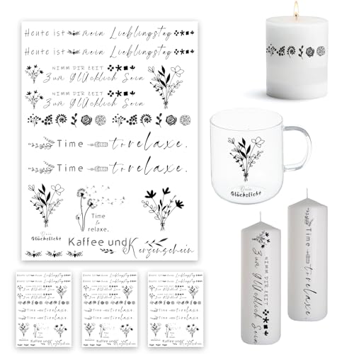 Bolosa 4 Stück Kerzentattoos, Wassertransferdruck, Time to relax Rub on Sticker, Glückslicht Wasserschiebefolie Kerzen, Kerzenfolie, Sprüche Kerzentattoo, Für Kerze Tasse DIY Geschenk 10 von Bolosa