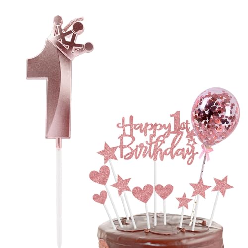 Bolosa Geburtstagskerzen Zahlen 1, Kerze 1. Geburtstag, 1 Geburtstag Mädchen Junge, Geburtstagskerzen mit Happy Birthday Cake Topper, Kerze 1 Rosa Krone, Deko 1. Geburtstag Mädchen (Roségold, 1) von Bolosa