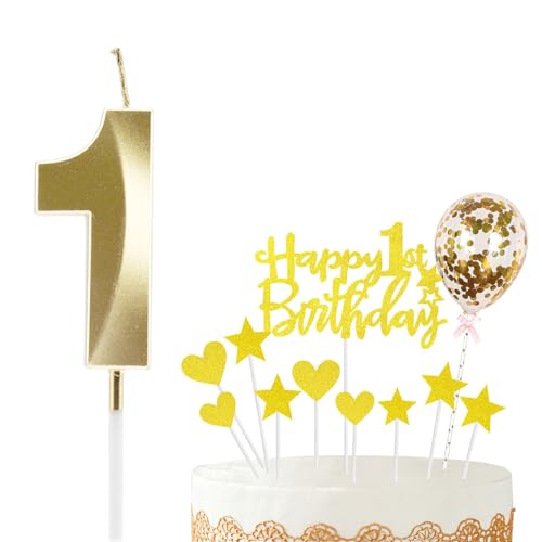 Bolosa Kerze 1. Geburtstag, 1 Geburtstag Mädchen Junge, Geburtstagskerzen Zahlen 1 mit Happy Birthday Cake Topper, Deko 1. Geburtstag Mädchen Geburtstagskerzen für Geburtstagsdeko (Gold) von Bolosa