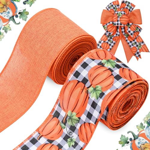 2 Rollen 20 Meter Herbst-Kürbis-Band mit Drahtrand, schwarz-weiß kariert, Kürbis bedruckt, Herbst-Orange, einfarbiges Band für Erntedankfest, Geschenkverpackung, Kranz, Schleifenherstellung von Bolsome