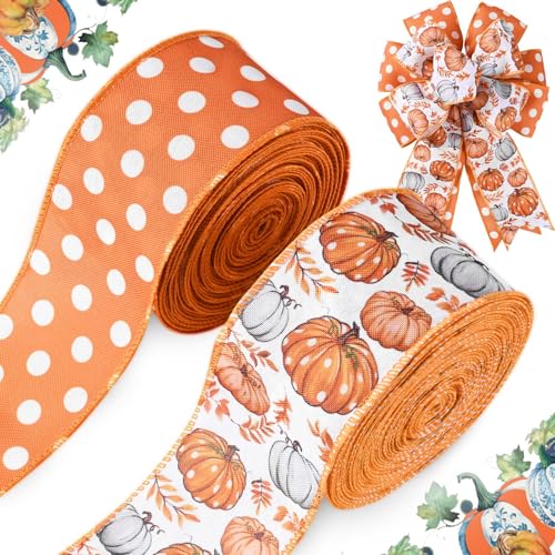 2 Rollen 20 Meter Herbst Kürbis Drahtkante Bänder Herbst Polka Dot Kürbisse Ahornblätter Handwerk Stoffband für Thanksgiving Ernte Kranz Schleife Herstellung Geschenkverpackung von Bolsome