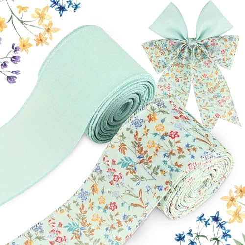 2 Rollen 20 Meter Vintage-Blumen mit Drahtrand, grün-blau, florales Stoffband für Hochzeit, Brautparty, Geschenkverpackung, Kranz, Schleife, Bastelbedarf (Stil 4) von Bolsome