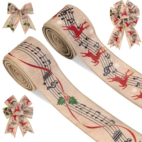 2 Rollen 20 Yard Weihnachten Musiknote Drahtband 6,3 cm Stechpalme Elch Muster Band Musical Buralp Stoffbänder für Weihnachtsbaumschmuck, Schleifenkränze, Kränze, DIY Handwerk von Bolsome