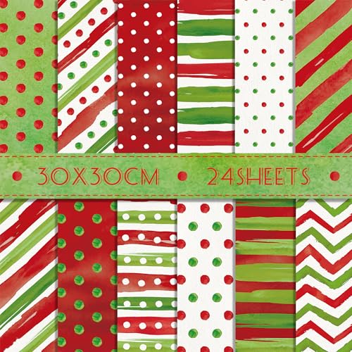 24 Blatt 30 x 30 cm Weihnachten Scrapbook Papier Aquarell Rot Grün Polka Dots Streifen Wellen Muster Papier für Kartenherstellung Fotoalbum Bastelbedarf von Bolsome