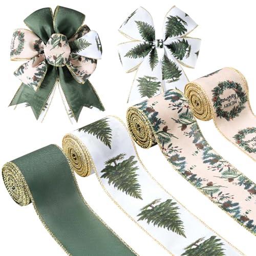 4 Rollen 20 Meter Weihnachtsband mit Drahtrand, Aquarell, grüner Waldbaum, Tannenzapfen, Juteband, Grün mit goldenem Glitzer, Weihnachtsband für Geschenkverpackungen, Schleife, Kranz, Bastelbedarf von Bolsome