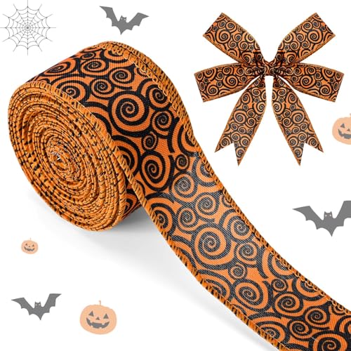 Halloween-Schleifenband mit Wirbel-Druck, Halloween-dekoratives Bastelband, ideal für Geschenkverpackungen, Heimdekoration, 3,8 cm x 9,1 m (Orange/Schwarz) von Bolsome