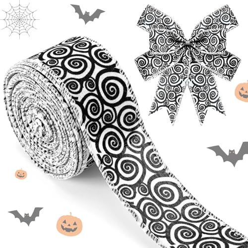 Halloween-Schleifenband mit Wirbel-Druck, Halloween-dekoratives Bastelband, ideal für Geschenkverpackungen, Heimdekoration, 3,8 cm x 9,1 m (weiß/schwarz) von Bolsome