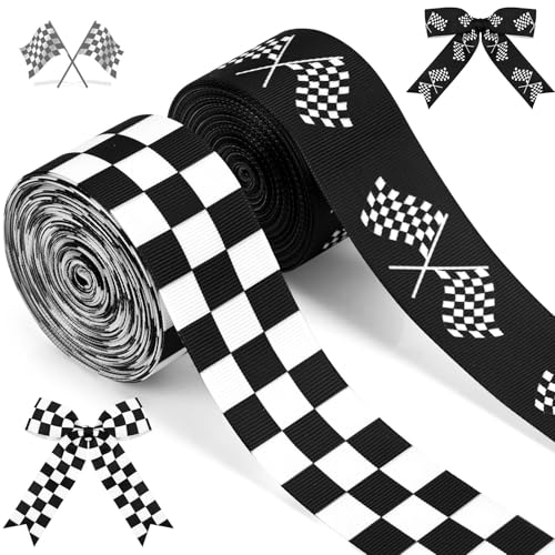 Ripsband mit Rennwagen-Motiv, 6,3 cm, schwarz-weiß kariert, bedrucktes Band, Rennflagge, für Bastelarbeiten, Geschenkverpackungen, Kranz, Sport, Team-Party, Heimdekoration, 2 Rollen von Bolsome