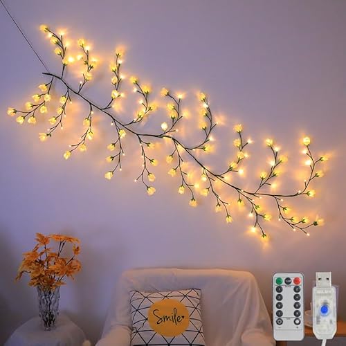 BomKra Kirschblüten Willow Vine Wand Deko - 96 LEDs Lichterkette Wanddeko mit Fernbedienung, 8 Modi, Timer, Weidenrebe Baum Lichter für Schlafzimmer Deko Weinachtsdekorationen (Maiglöckchen 96 LEDs) von BomKra