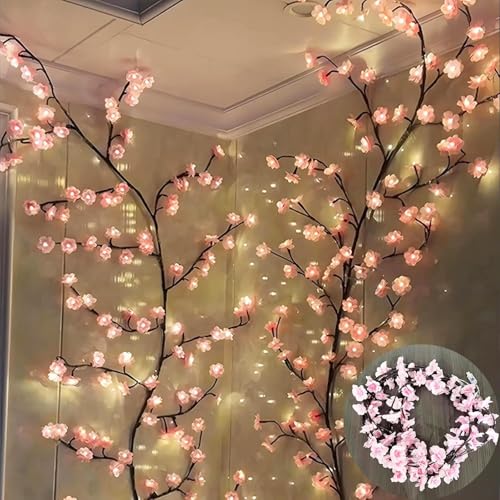 BomKra Kirschblüten Willow Vine Wand Deko - 144 LEDs Lichterkette Wanddeko mit Fernbedienung, 8 Modi, USB-Betriebene Timer, Weidenrebe Baum Lichter für Schlafzimmer Deko Weinachtsdekorationen von BomKra