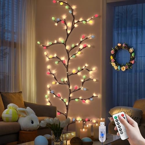 BomKra Ostern Deko Lichterkette - 48 LEDs Eier Lichterkette Wanddeko mit Fernbedienung, 8 Modi, Timer, Osterdeko für Party Kamin Schlafzimmer von BomKra