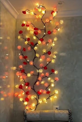 BomKra Rose Willow Vine Wand Deko - 144 LEDs Lichterkette Wanddeko mit Fernbedienung, 8 Modi, Timer, Weidenrebe Baum Lichter für Schlafzimmer Deko Weinachtsdekorationen (Rose 144 LEDs) von BomKra