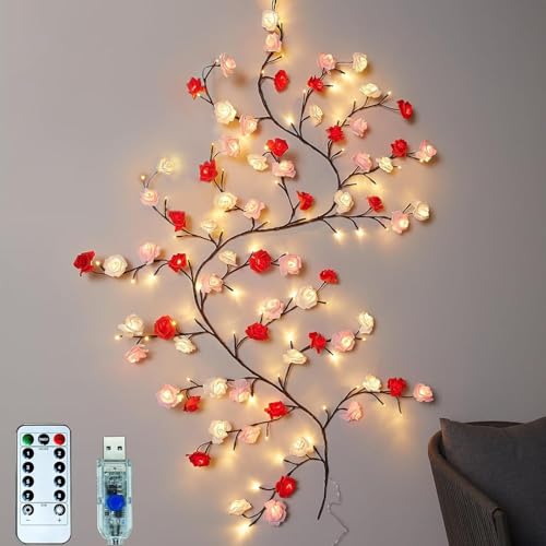 BomKra Rose Willow Vine Wand Deko - 72 LEDs Lichterkette Wanddeko mit Fernbedienung, 8 Modi, Timer, Weidenrebe Baum Lichter für Schlafzimmer Deko Weinachtsdekorationen (Rose 72 LEDs) von BomKra