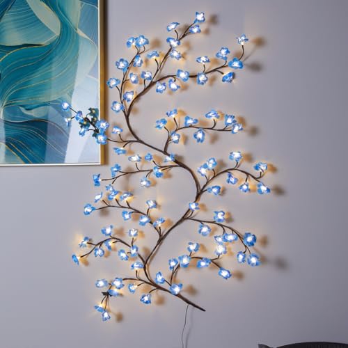 Kirschblüten Willow Vine Wand Deko - 144 LEDs Lichterkette Wanddeko mit Fernbedienung, 8 Modi, Timer, Weidenrebe Baum Lichter für Schlafzimmer Deko Weinachtsdekorationen (Blau Kirschblüten 144 LEDs) von BomKra