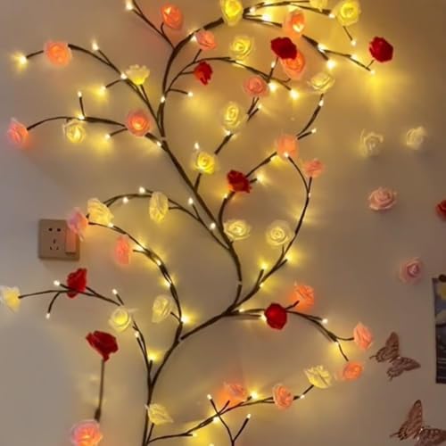 Rose Willow Vine Wanddeko - 120 CM 48 LEDs Lichterkette Wanddeko mit Fernbedienung, 8 Modi, USB-Betriebene Timer, Weidenrebe Baum Lichter für Schlafzimmer Deko Weinachtsdekorationen (180cm - 96 Leds) von BomKra