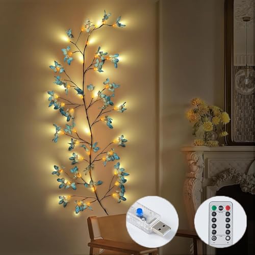 Schmetterling Willow Vine Wand Deko - USB 8 Modes Lichterkette Willow Vine mit Fernbedienung und Timer, DIY Künstliche Baumzweige Lichter mit Schmetterling (Blauer Schmetterling - 1.6M 36 LEDs) von BomKra