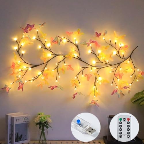 Schmetterling Willow Vine Wand Deko - USB 8 Modes Lichterkette Willow Vine mit Fernbedienung und Timer, DIY Künstliche Baumzweige Lichter mit Schmetterling (Bunter Schmetterling - 1.8M 96 LEDs) von BomKra