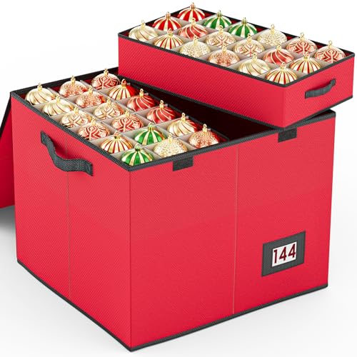 Bomclap Aufbewahrungsbox für Weihnachtskugeln, Weihnachten Sortierbox mit 144 Trennwänden, Große Weihnachtsaufbewahrung mit Flip-Top-Deckel für Weihnachtsschmuck und Dekorationen (Rot) von Bomclap