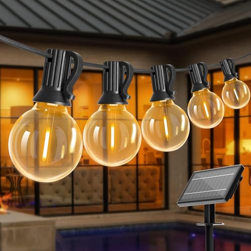 Bomcosy Solar Lichterkette Außen, 26.4M LED Outdoor Lichterkette Solar Glühbirne, IP45 Wasserdicht Birnen Lichterkette Garten 4 Modi für Patio Party Aussen Warmweiß mit 40 Stück Glühbirnen von Bomcosy