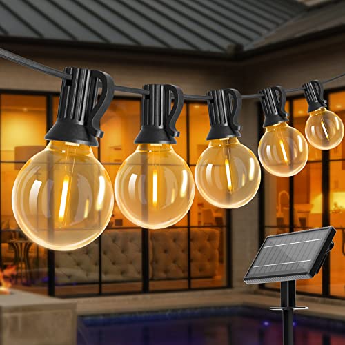 Bomcosy Solar Lichterkette Außen, 30M LED Outdoor Lichterkette Solar Glühbirne, IP45 Wasserdicht Birnen Lichterkette Garten 4 Modi für Patio Party Aussen Warmweiß mit 50 Stück Glühbirnen von Bomcosy