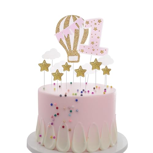 12 Stück Kuchendekoration zum 1. Geburtstag, rosa Kuchen-Glitzer-Aufsätze, Heißluftballon, Sternwolke, Party-Kuchendekoration für Mädchen, Jungen, Babyparty-Geschenke (Rosa) von Bomiclss