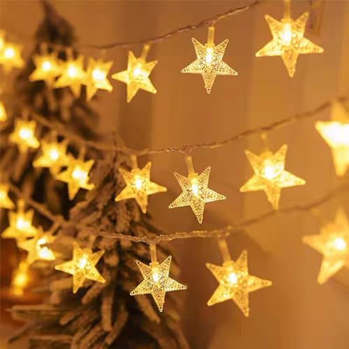 Bomkim Lichterkette Sterne Batterie,[2 Stück] 5M 50 LED Weihnachten Lichterkette,8 Modi Wasserdichte Lichterkette, Geeignet für Indoor,Outdoor,Weihnachten, Party,Dekoration,Hochzeit,Garten,Warmweiß von Bomkim